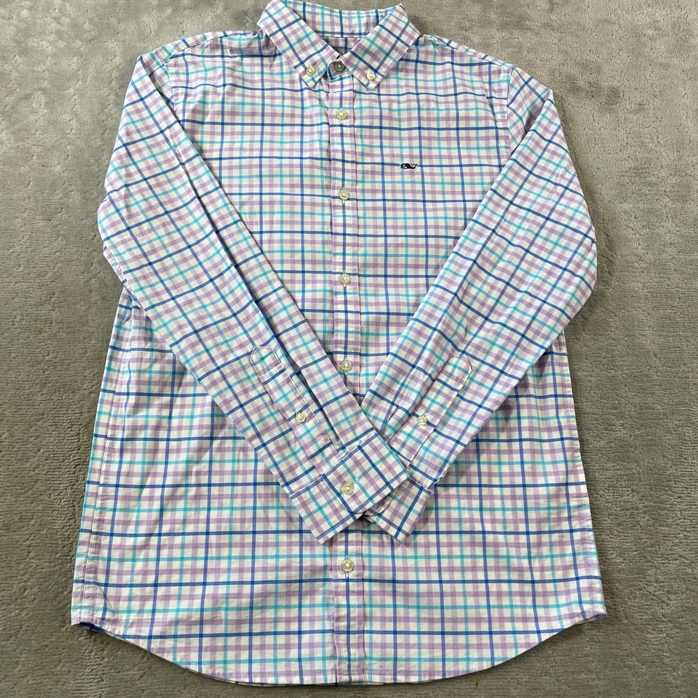 Vineyard Vines Shirt On The Go Performance Boys M 12-14 brrr Check Purple Preppy